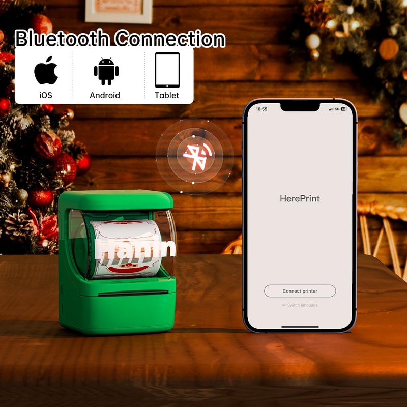 HPRT NEW1 Label Printer +4 Rolls Labels, 2 Inch Portable Inkless Bluetooth Label Maker for Small Business Home School, Automatic Label Recognition, Sticker Printer for Address Logo Barcode Clothing (Green) - Image 3